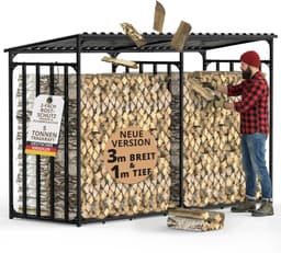 Abri à bûches extérieur en métal avec toit 300x105x185cm galvanisé | Résistant aux intempéries, Capacité 5 m³, Rangement bois de chauffage, XXL 3 m