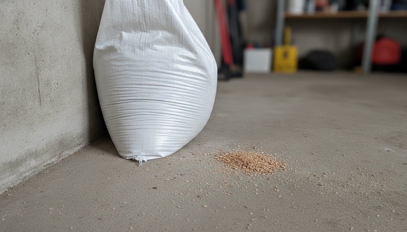 Sac de granulés de bois posé au sol d'un garage humide, le bas du sac gonflé et éventré
