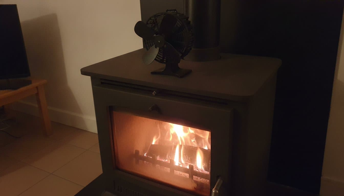 Petit ventilateur thermoélectrique posé sur le dessus d'un poêle à bois allumé