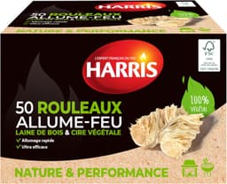 HARRIS - 50 Rouleaux Allume-feu - 100% naturels - Laine de Bois & Cire - Allumage Rapide - Ultra Efficace - Etui Carton refermable - Bois FSC - Fabrication Française - x50