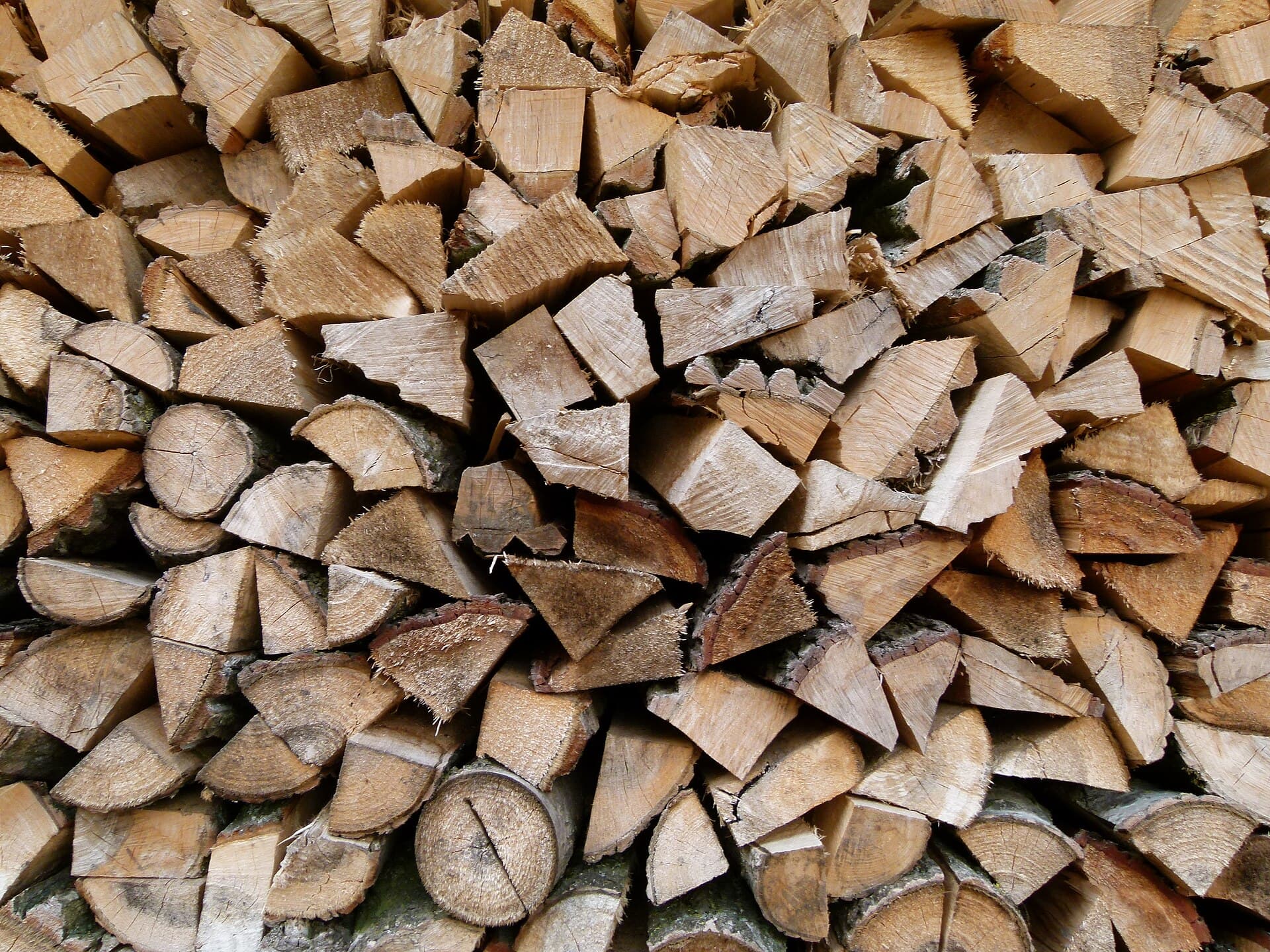 Bûches fraîchement coupées et stockées à l'abri sous un hangar ouvert, la méthode pour faire sécher chez soi le bois acheté vert au printemps