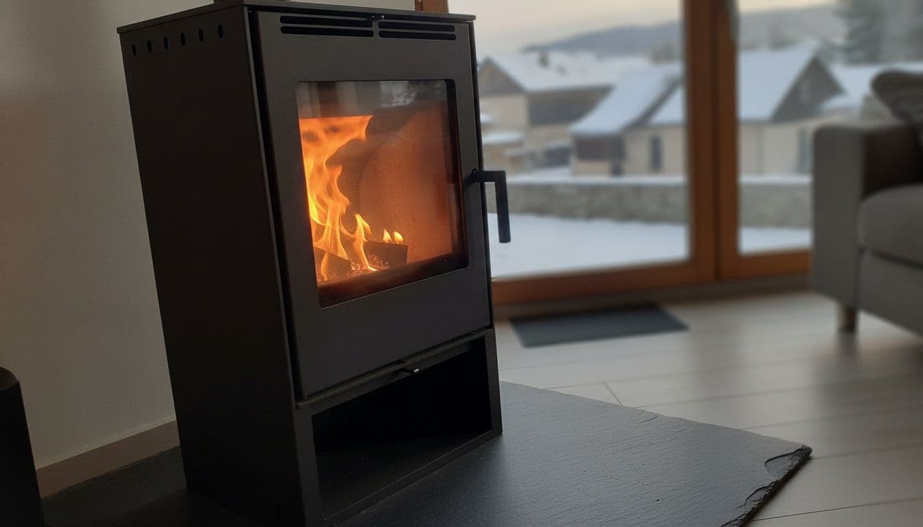 Poêle à bois moderne à la vitre propre avec une flamme claire dans un séjour, fenêtre laissant voir un village enneigé en arrière-plan