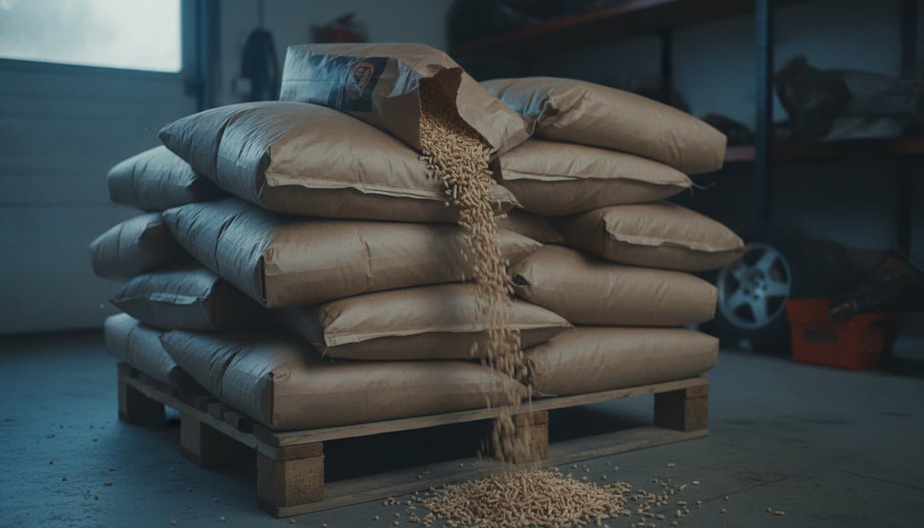 Palette de sacs de granulés de bois de 15 kg empilés dans un garage, un sac ouvert laissant voir les granulés