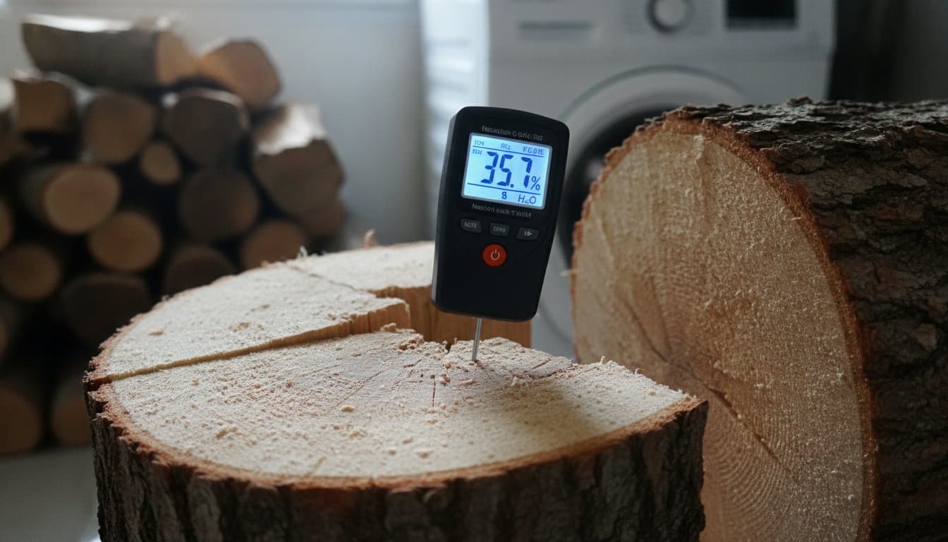 Humidimètre à pointes numérique planté à cœur dans une bûche fraîchement fendue, écran affichant le taux d'humidité