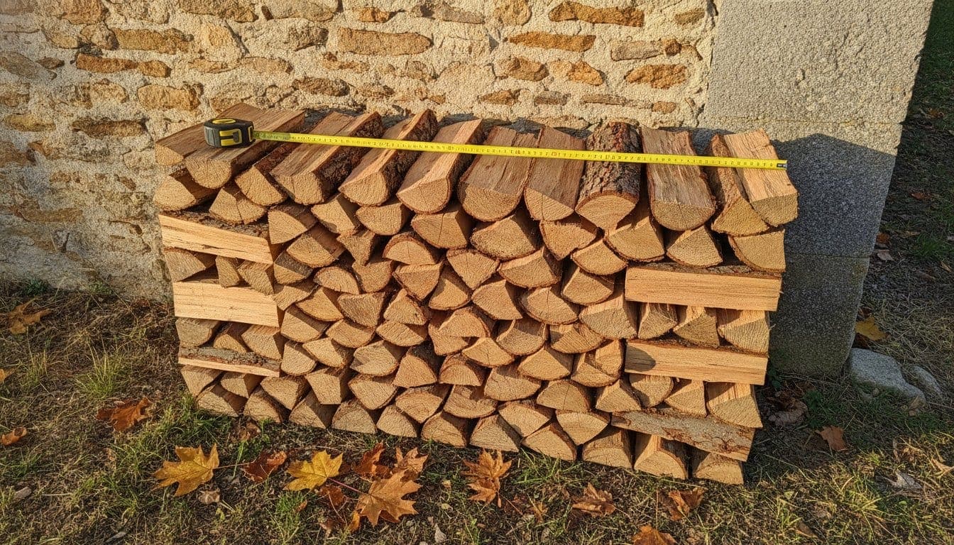 Stère de bûches de chêne empilé au cordeau contre un mur, un mètre ruban posé sur le dessus, lumière chaude d'automne