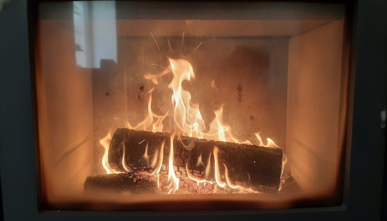 Bûche humide brûlant dans un poêle à bois, fumée blanche épaisse et flamme jaunâtre irrégulière