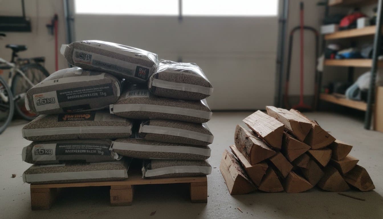 Palette de sacs de granulés de bois de 15 kg à côté d'une pile de bûches fendues, pour comparer les deux combustibles