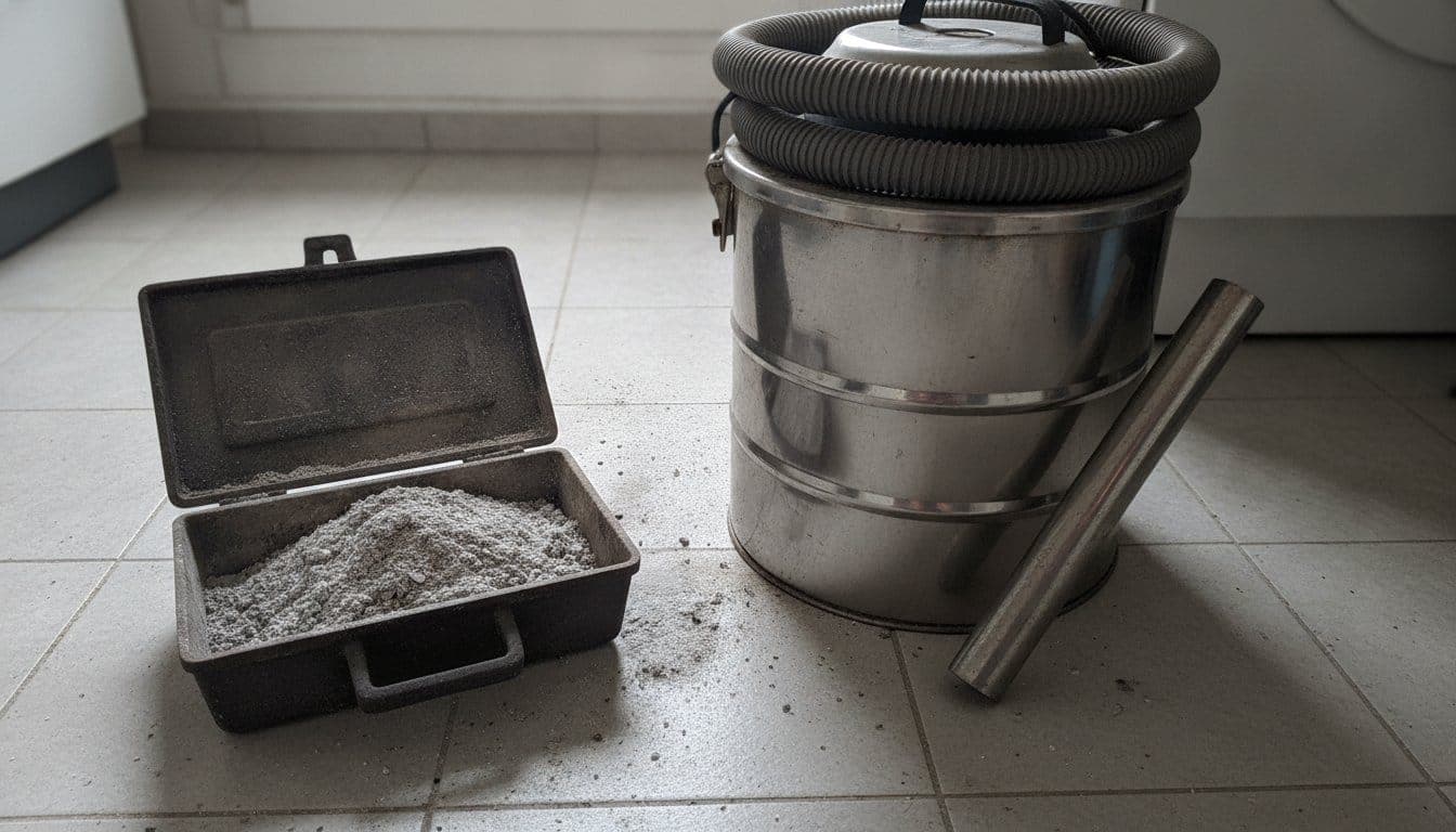 Cendrier de poêle ouvert et rempli de cendres au sol, aspirateur à cendres métallique sans marque posé à côté sur un carrelage