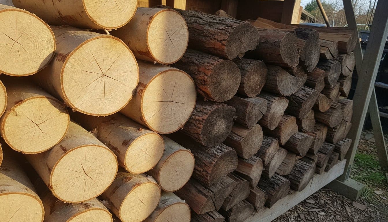 Deux piles de bûches fendues de deux essences différentes en cours de séchage dans un abri extérieur