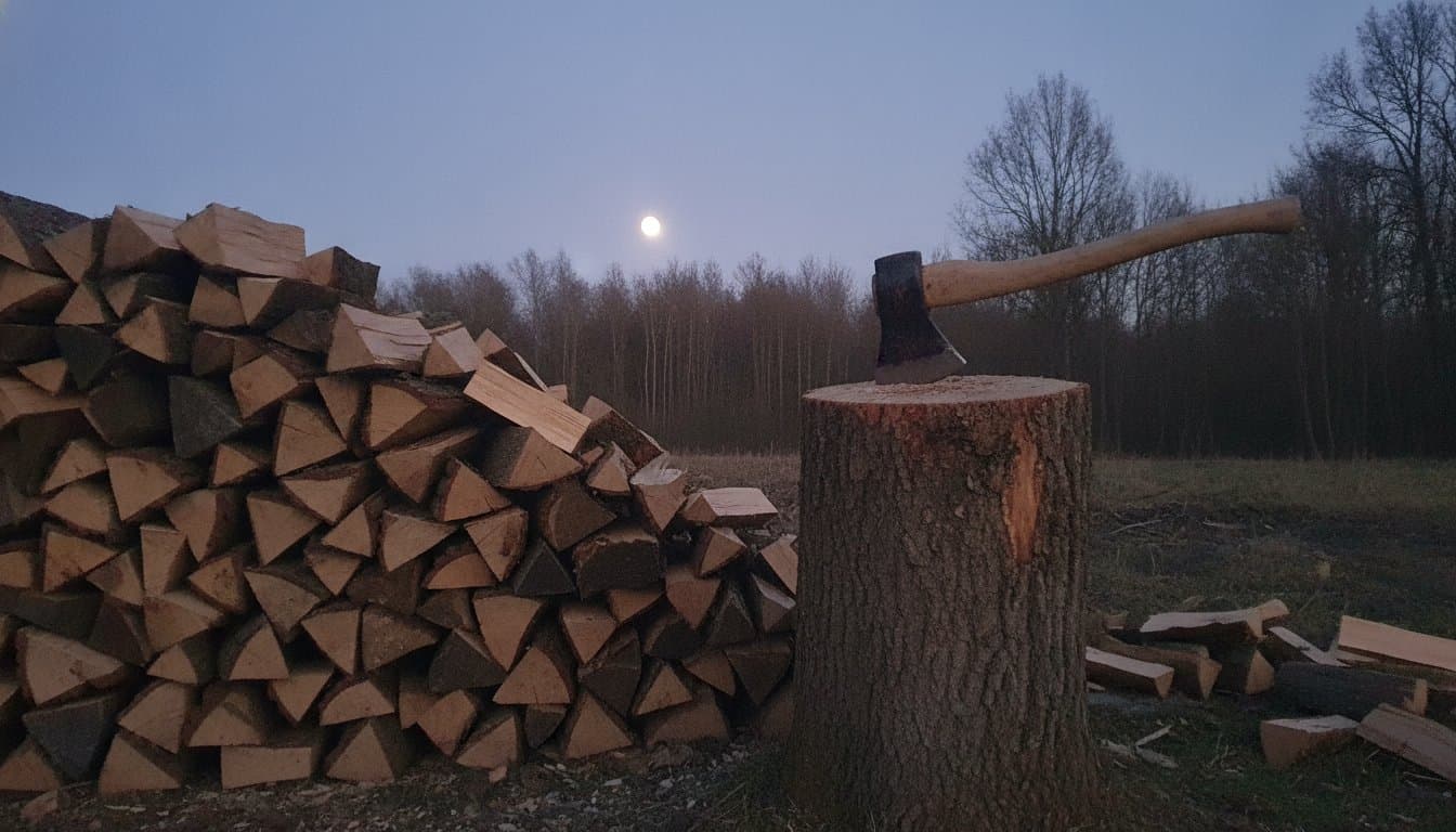 Pile de bûches fraîchement coupées et hache plantée dans un billot, pleine lune visible au crépuscule