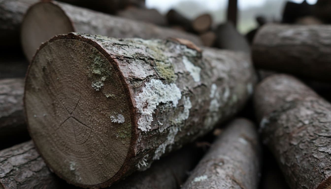 Bûche de bois de chauffage couverte de taches de moisissure blanchâtre et verdâtre