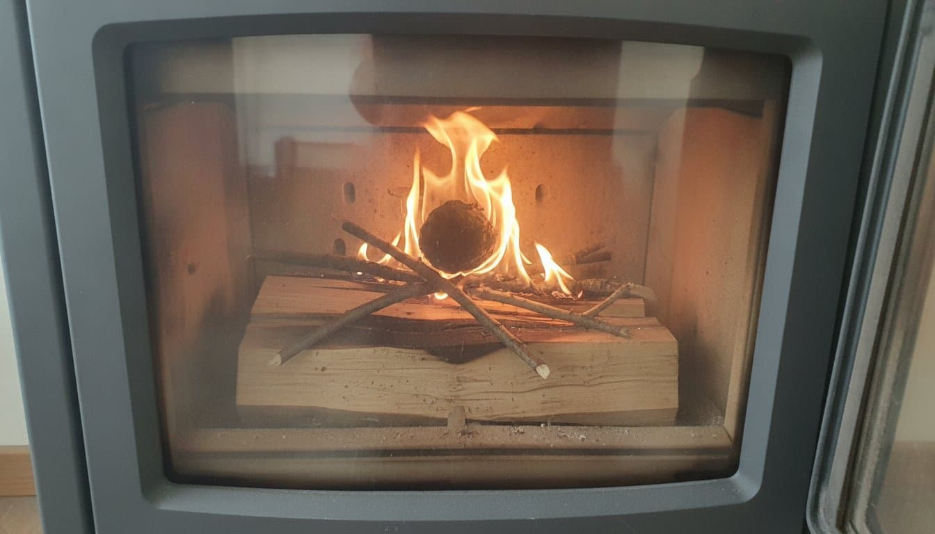 Allumage inversé dans un poêle à bois : petit bois croisé au-dessus de bûches, allume-feu enflammé au sommet