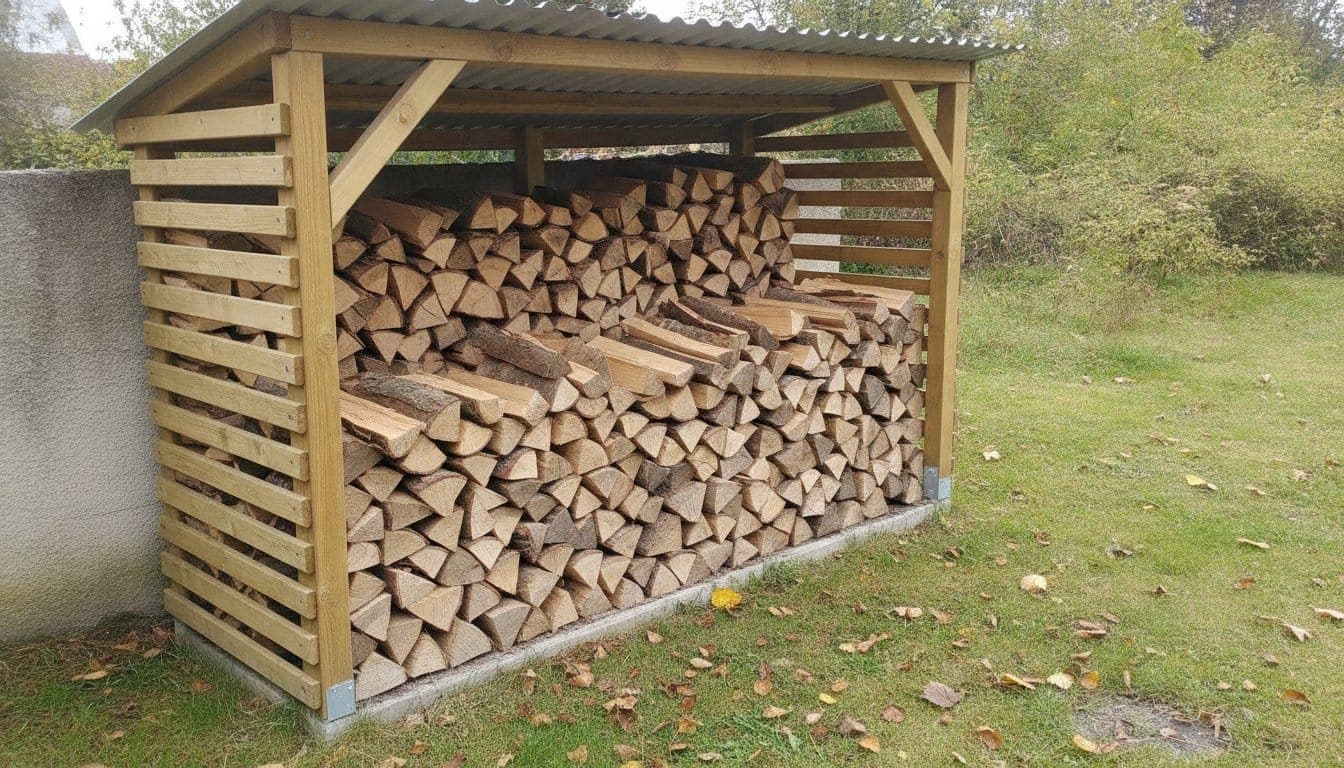 Abri à bûches en bois adossé à un muret de jardin, rempli de bûches de 33 cm empilées, en fin d'automne