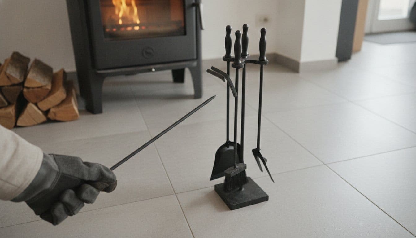 Main gantée tenant le tisonnier d'un serviteur de cheminée noir à 4 pièces posé à côté d'un poêle à bois