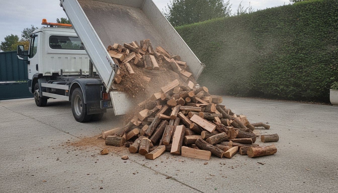 Benne basculante d'un petit camion de livraison déversant un tas de bûches en vrac dans une allée de maison