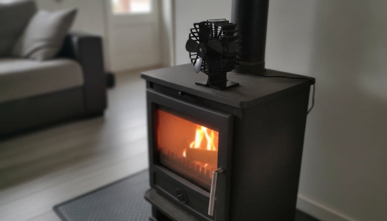 Petit ventilateur thermoélectrique posé sur le dessus d'un poêle à bois en fonte allumé, dans un séjour